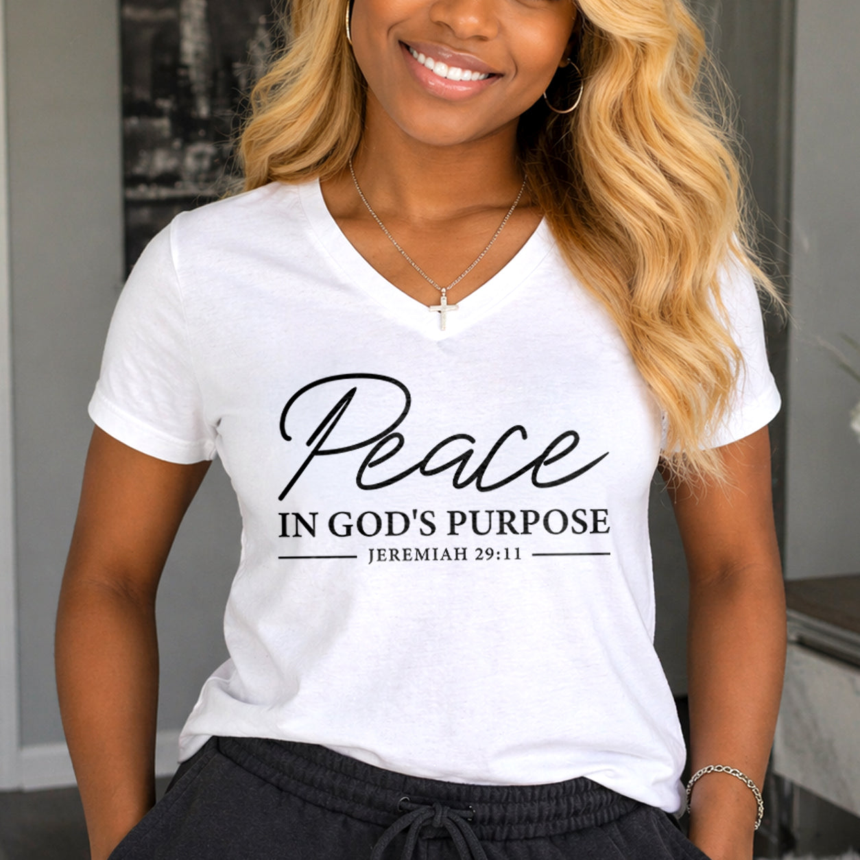 Peace in God's Purpose Unisex Jersey Short Sleeve V-Neck Tee