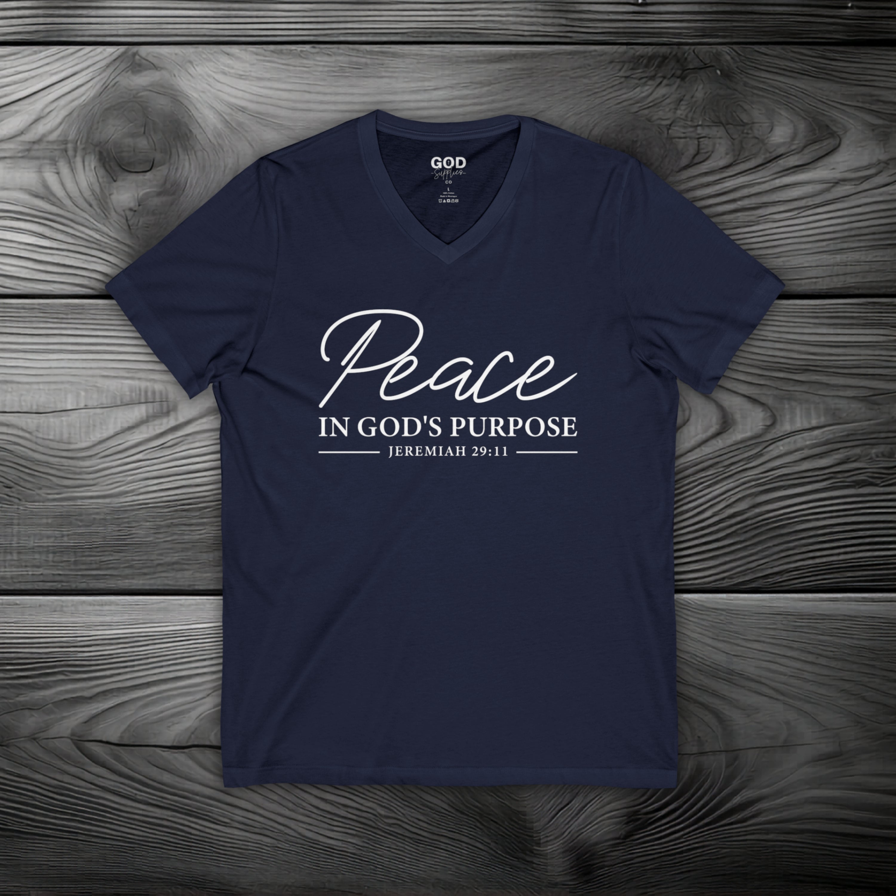 Peace in God's Purpose Unisex Jersey Short Sleeve V-Neck Tee