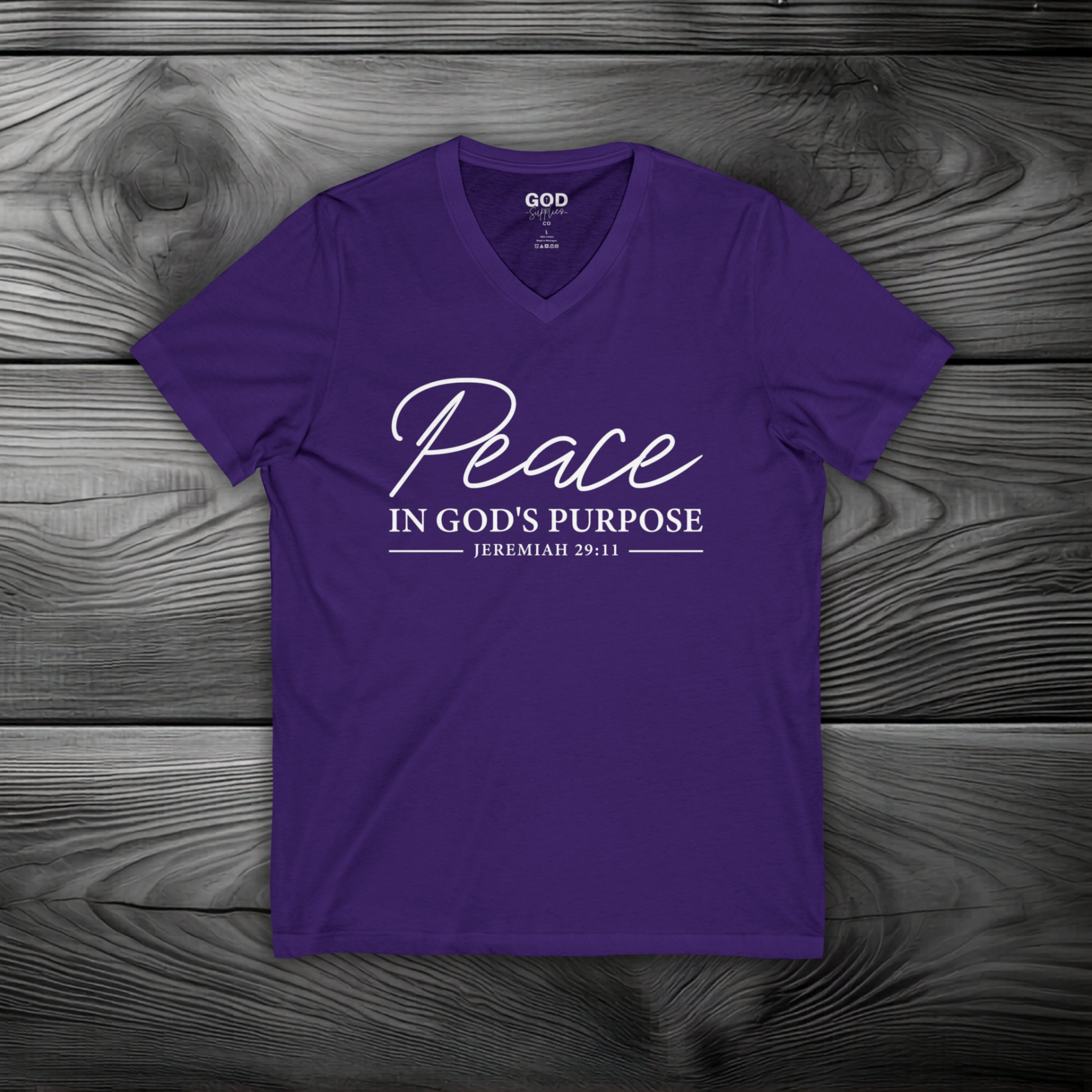 Peace in God's Purpose Unisex Jersey Short Sleeve V-Neck Tee