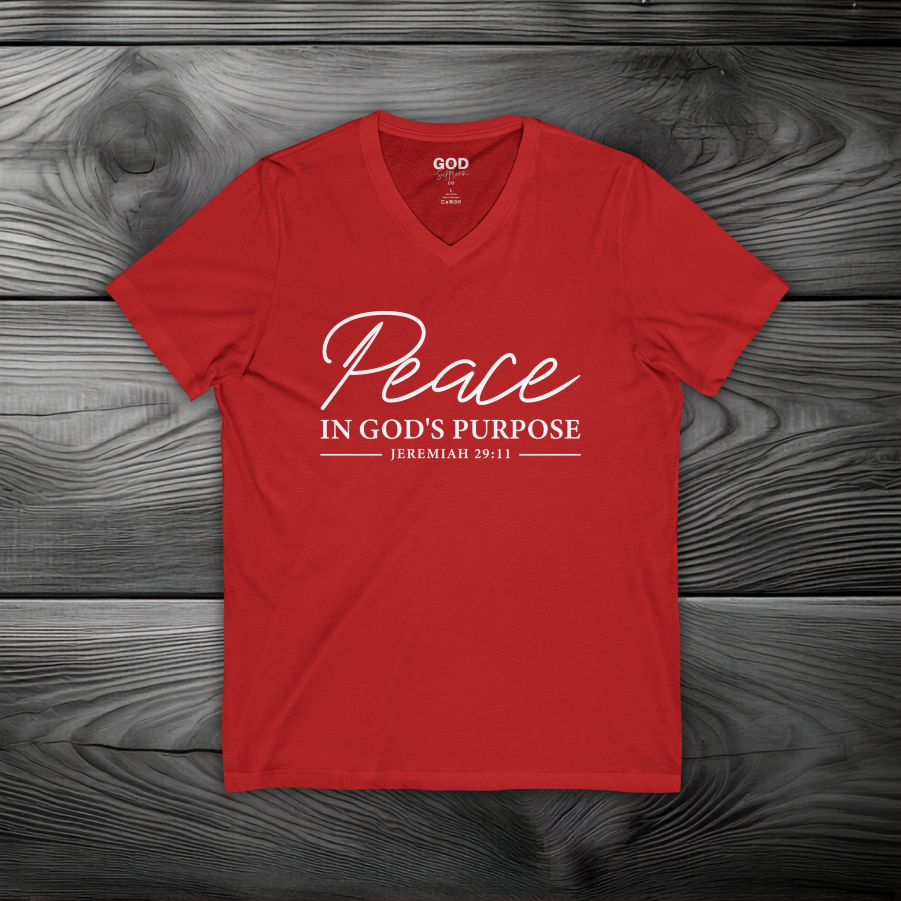 Peace in God's Purpose Unisex Jersey Short Sleeve V-Neck Tee