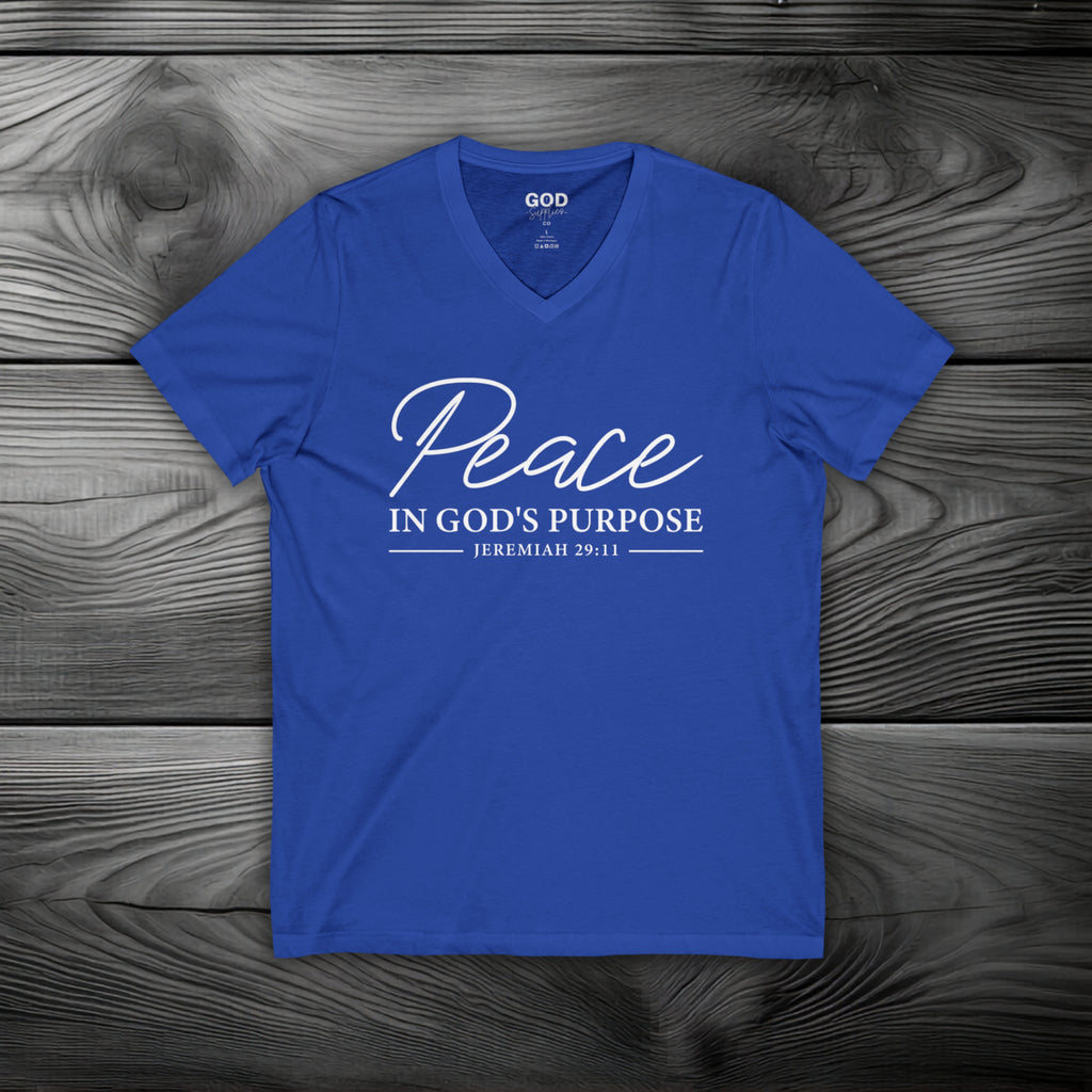 Peace in God's Purpose Unisex Jersey Short Sleeve V-Neck Tee