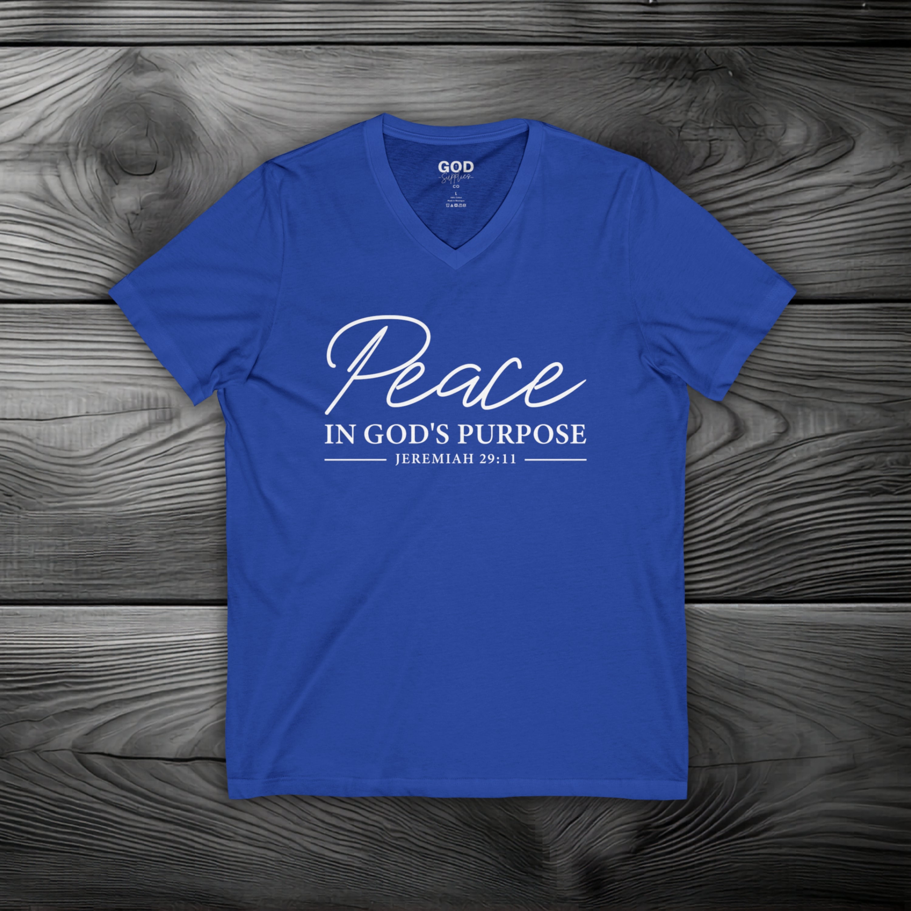 Peace in God's Purpose Unisex Jersey Short Sleeve V-Neck Tee